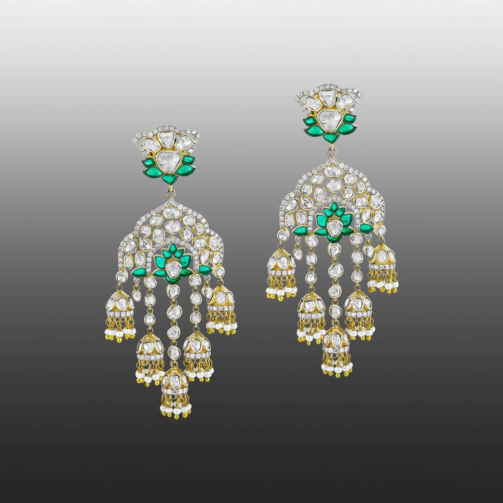 Polki Designer Jhumka Earrings with GreenTalaf Lotus and Pearl Accents